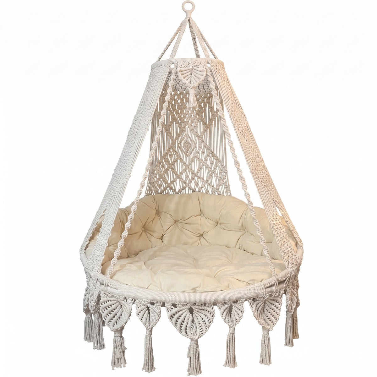 Boho Macrame Hanging Egg Chair with Plush Cushion for Indoor & Patio -H62