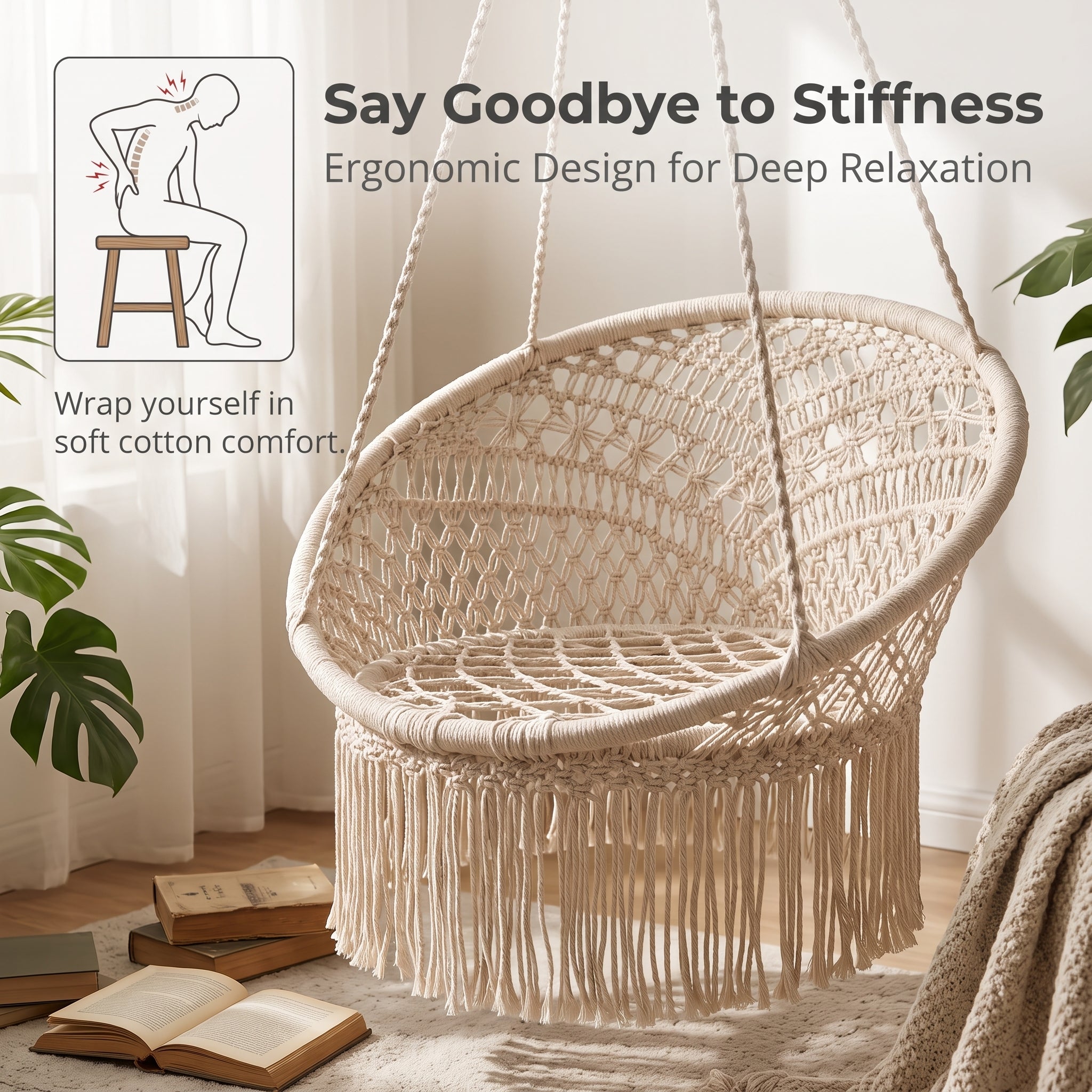 Nordic Style Cotton Rope Hanging Chair – Woven Basket with Tassels, Indoor/Outdoor Swing Lounge Bed