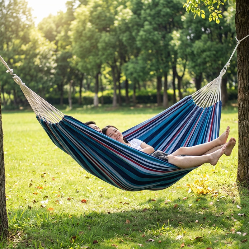 Double Camping Canvas Hammock - Heavy Duty Portable Rainbow Striped Brazilian Swing Chair with Carabiners for Outdoor