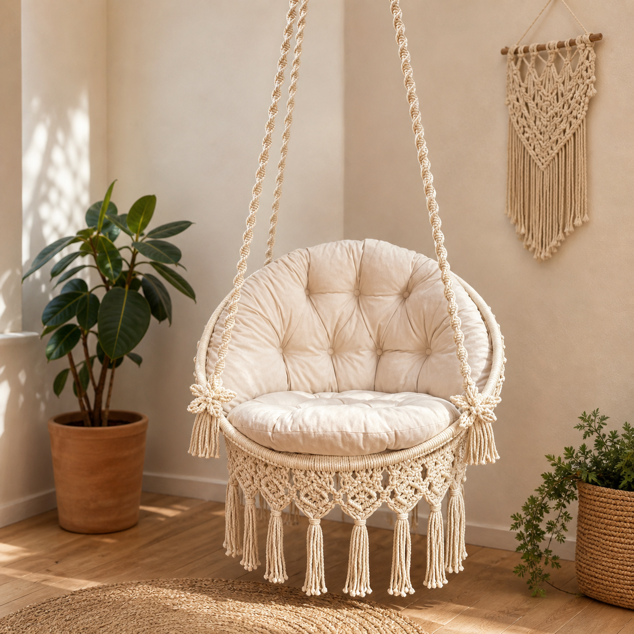 Handwoven Boho Hanging Swing Chair with Plush Cushion