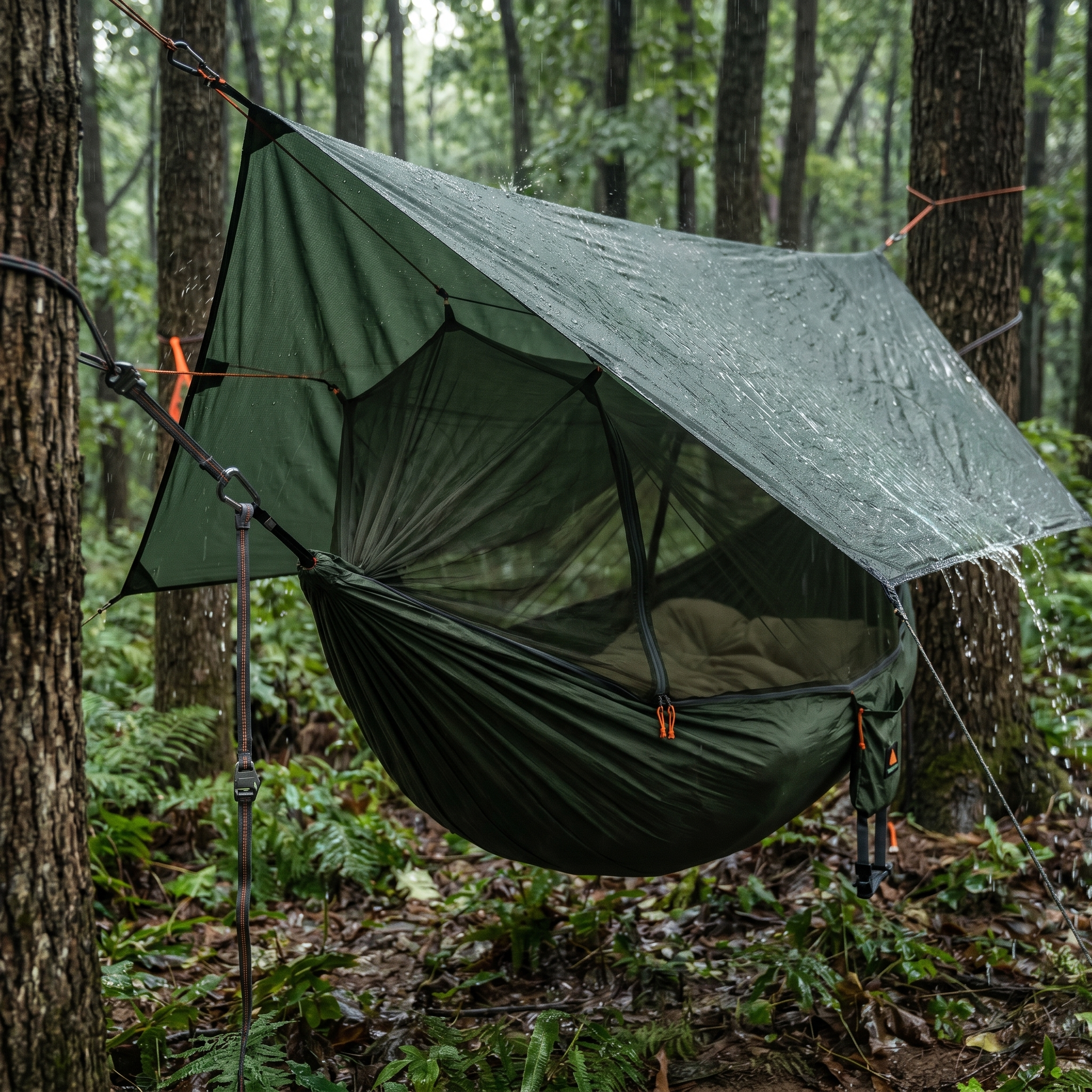 All-in-One Camping Hammock System with Mosquito Net, Rain Fly & Inflatable Sleeping Pad