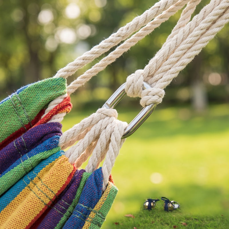 Double Camping Canvas Hammock - Heavy Duty Portable Rainbow Striped Brazilian Swing Chair with Carabiners for Outdoor