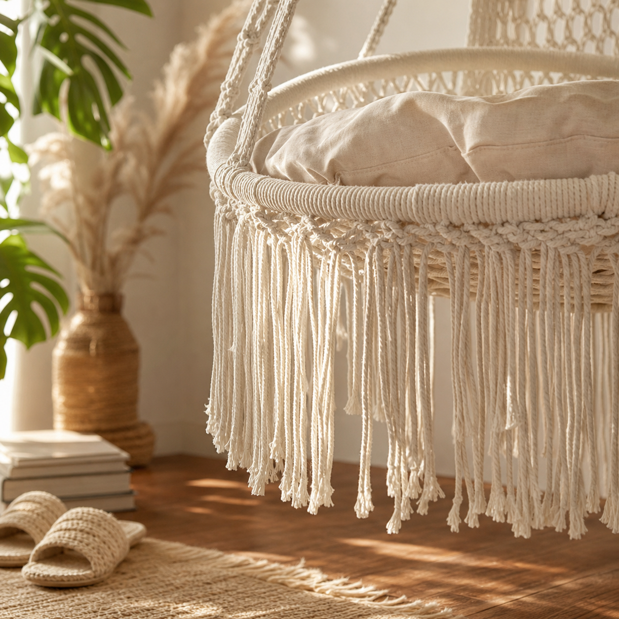 Luxury Boho Cotton Rope Hanging Chair with Cushion