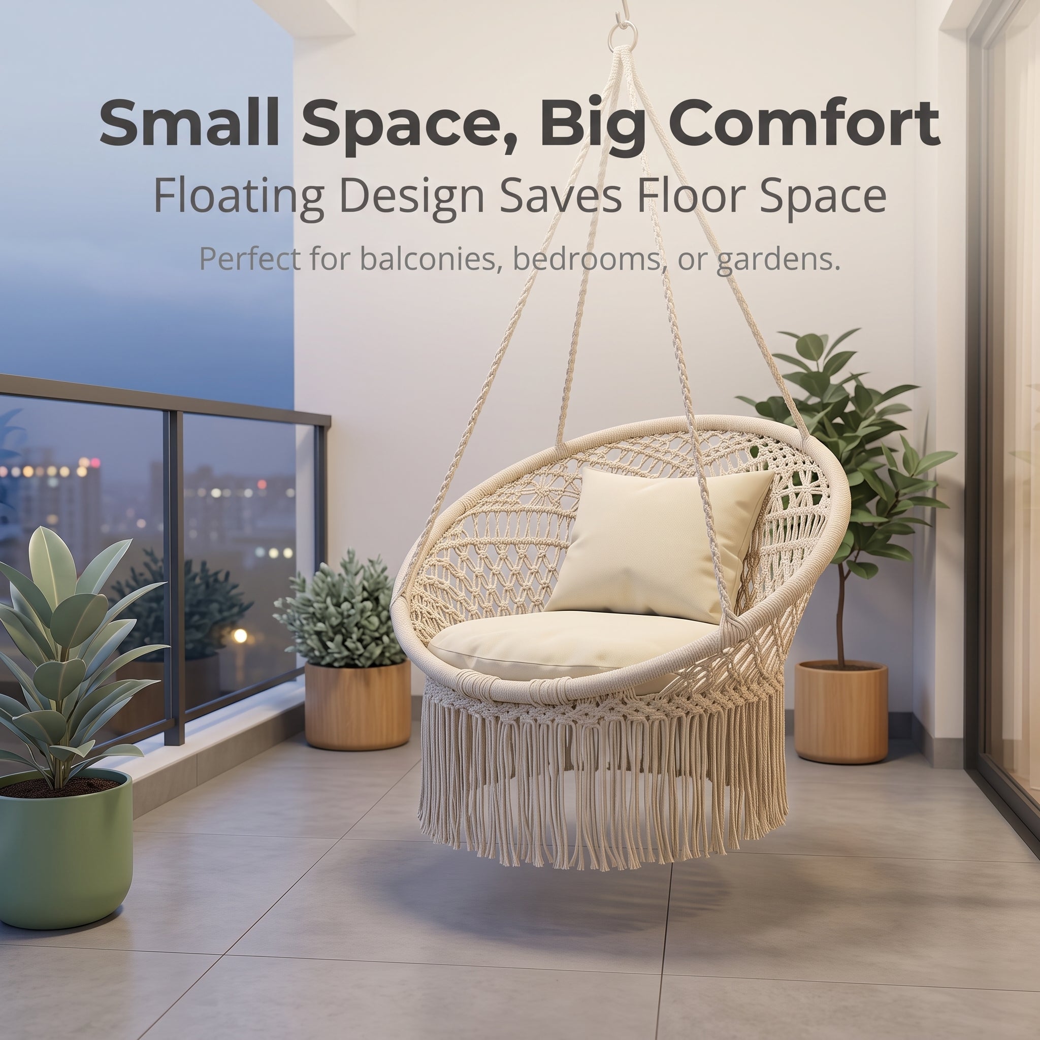 Nordic Style Cotton Rope Hanging Chair – Woven Basket with Tassels, Indoor/Outdoor Swing Lounge Bed
