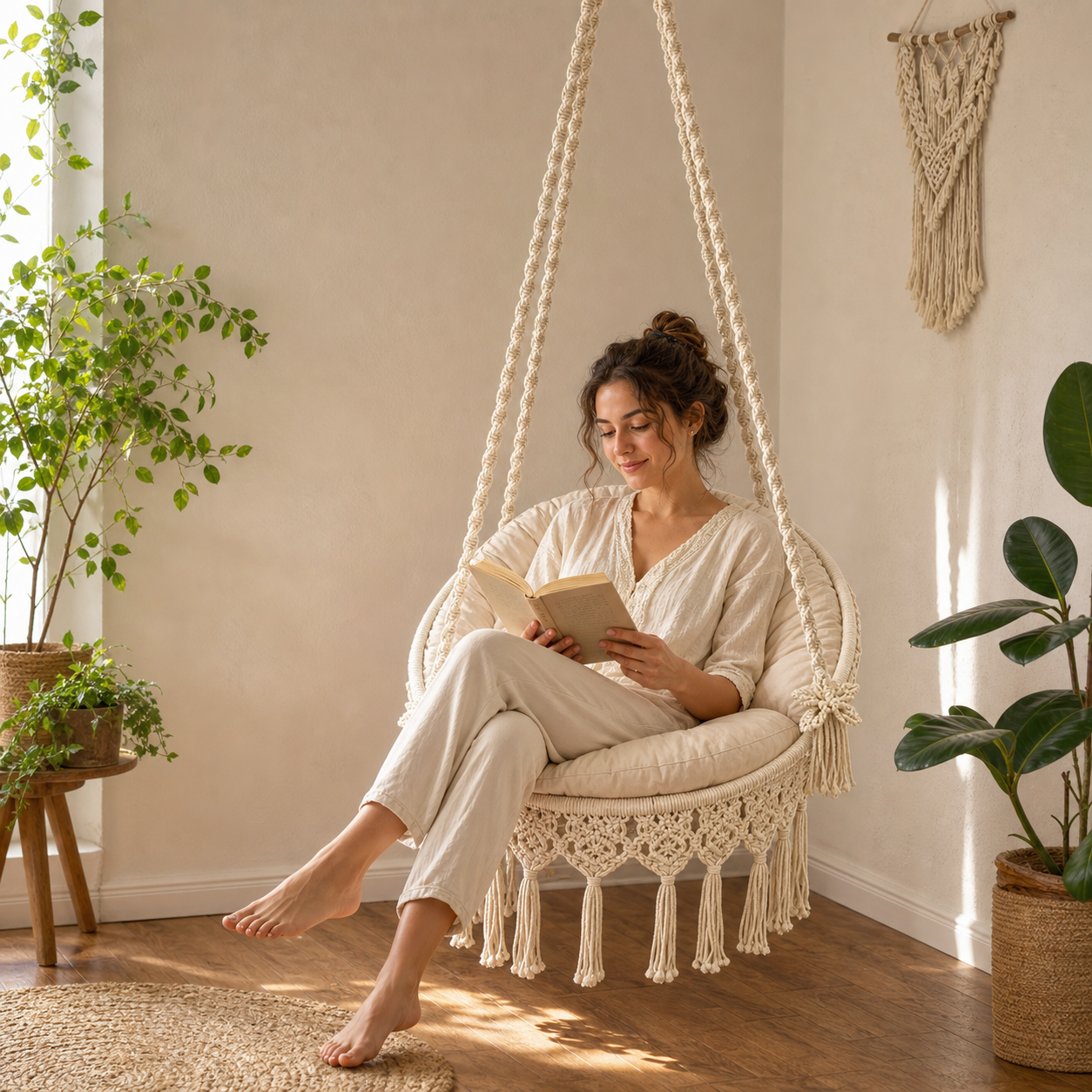 Handwoven Boho Hanging Swing Chair with Plush Cushion