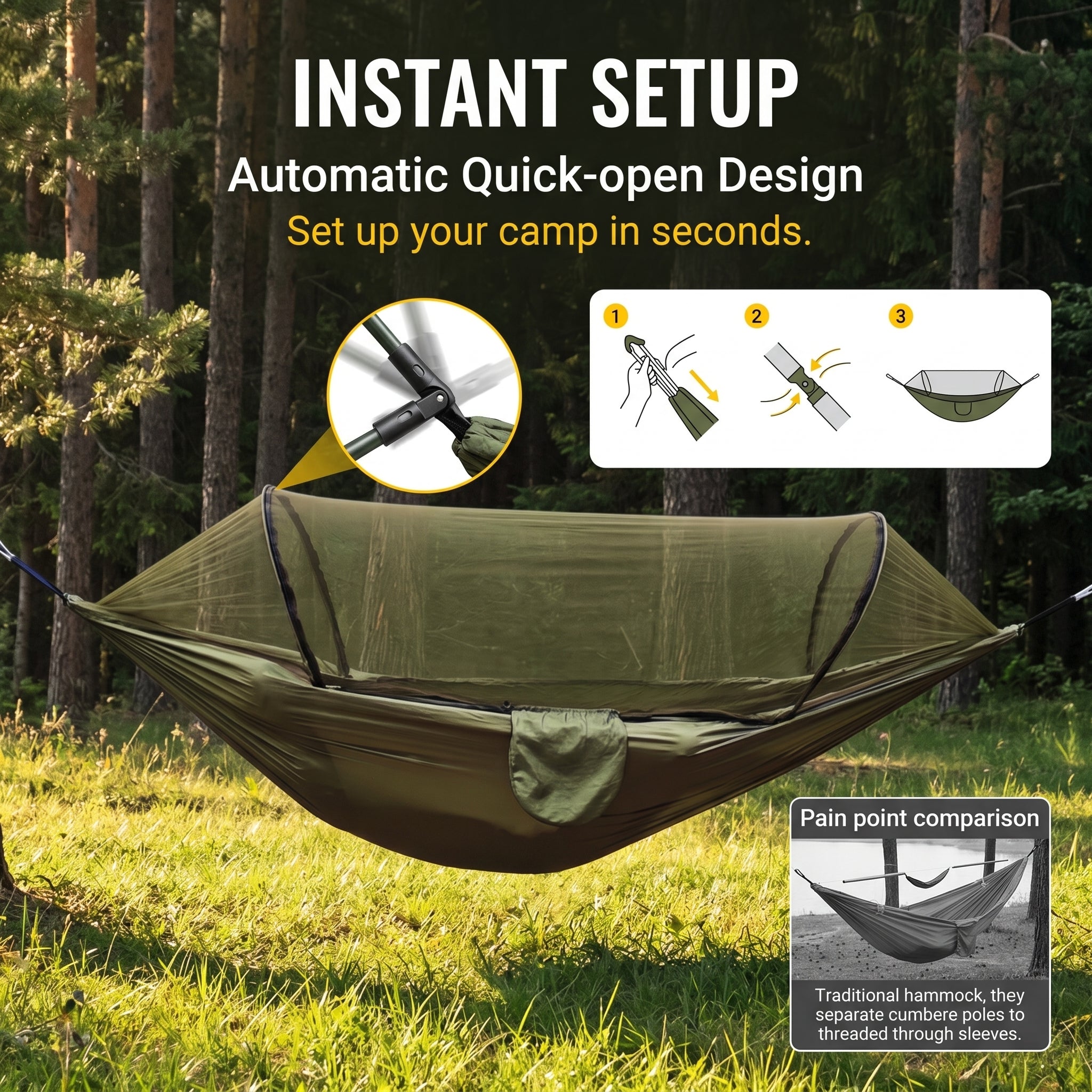Quick-Deploy Anti-Roll Nylon Camping Hammock with Mosquito Net
