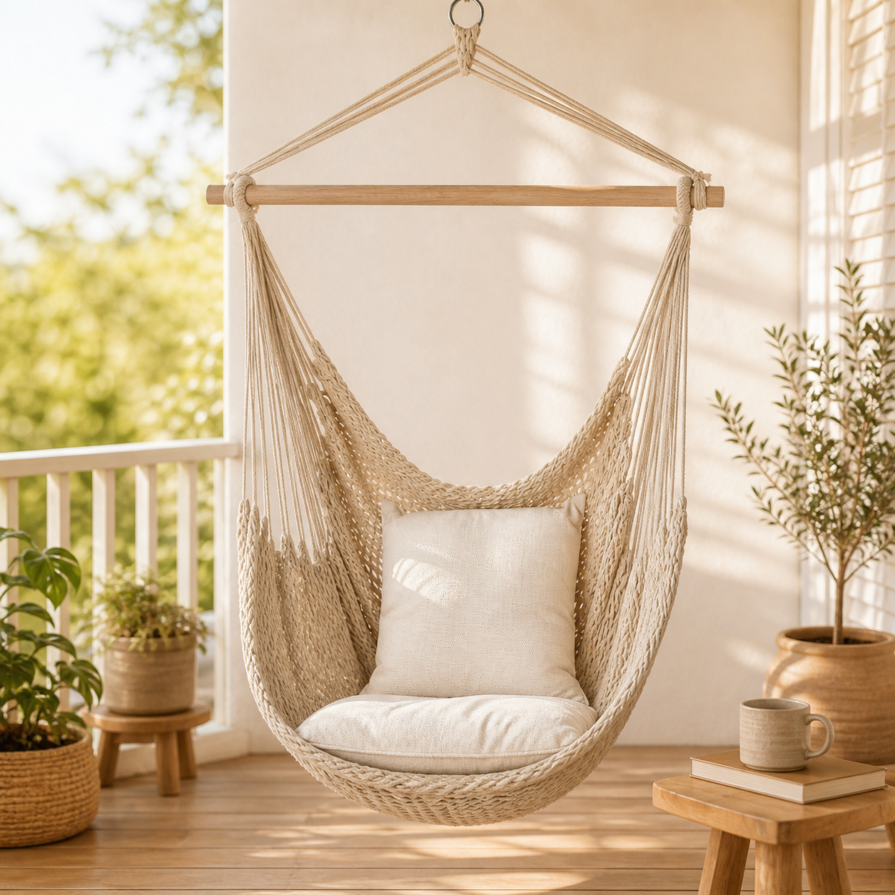 Modern Cotton Rope Hammock Chair with Wooden Spreader Bar