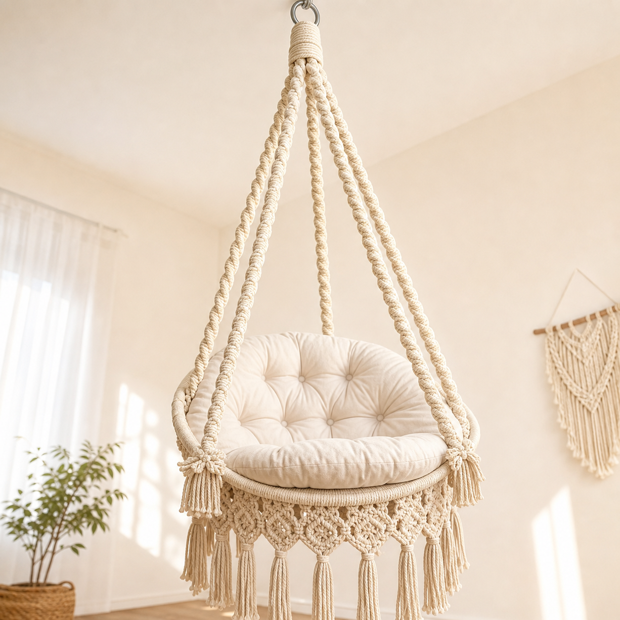 Handwoven Boho Hanging Swing Chair with Plush Cushion