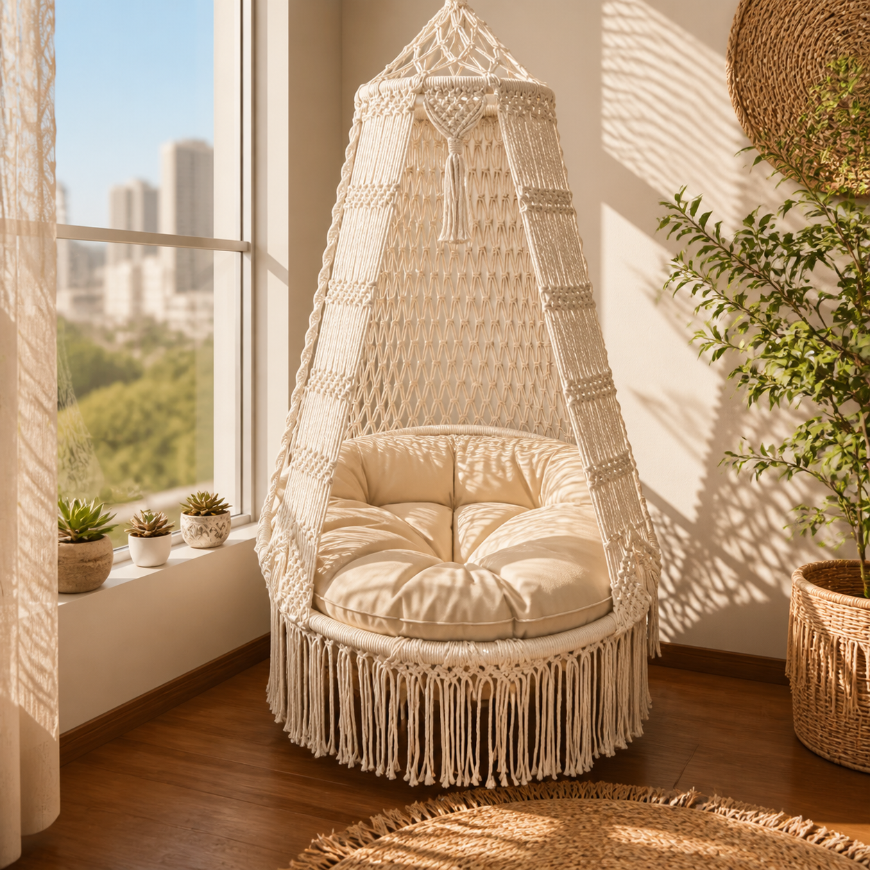 Luxury Boho Cotton Rope Hanging Chair with Cushion