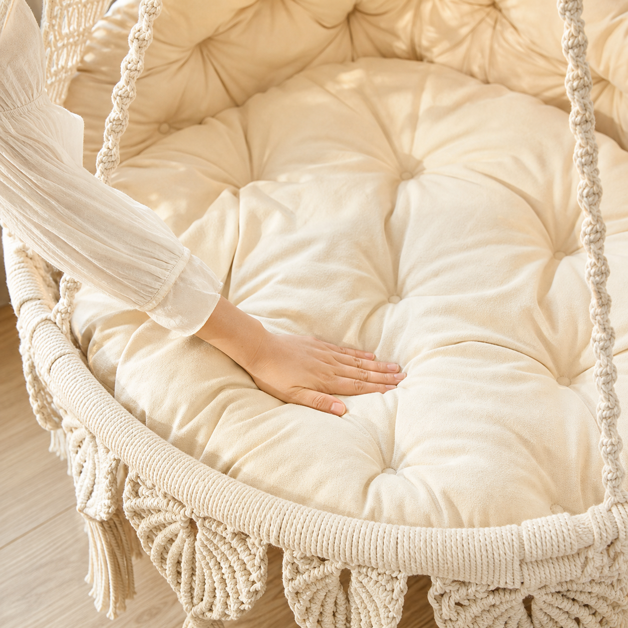 Luxury Handwoven Cotton Hanging Chair with Thick Cushion