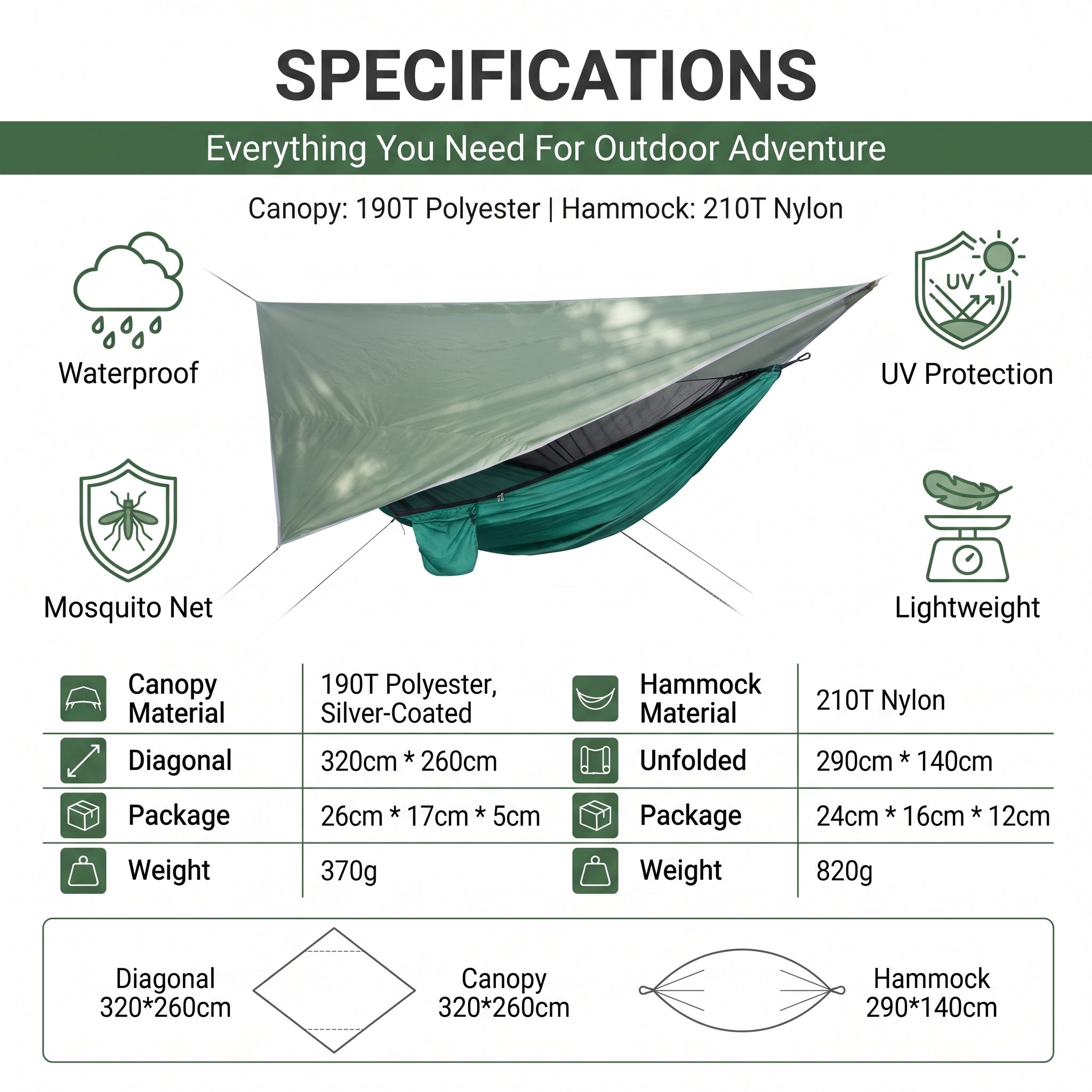 All-in-One  Hammock Tent with Rainproof Canopy Awning Set Mosquito Net