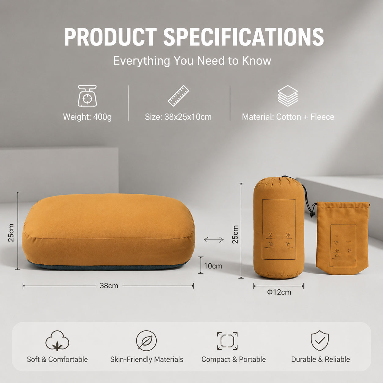 Thick Camping Travel Memory Foam Pillow Compressible Ultralight