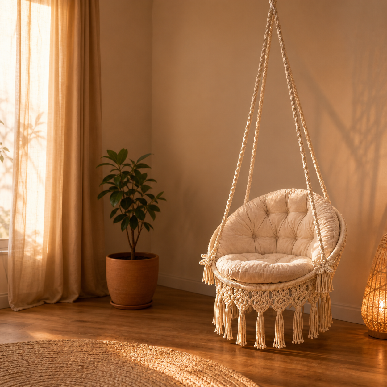 Handwoven Boho Hanging Swing Chair with Plush Cushion
