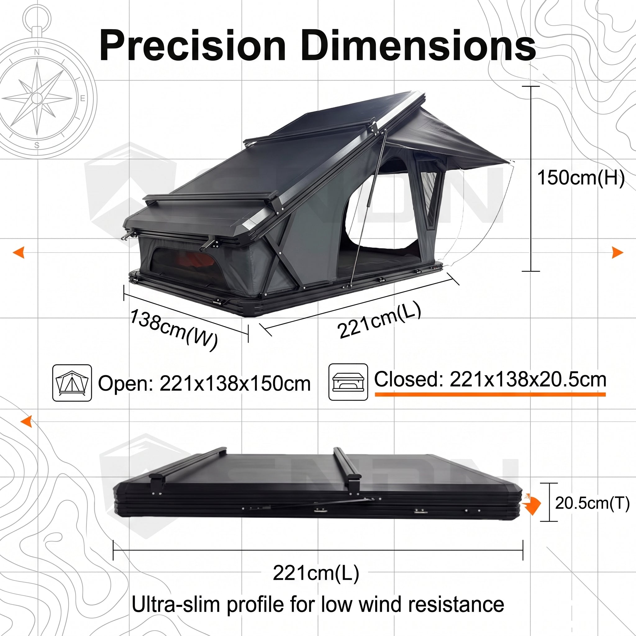 Hard-Shell Hinged Rooftop Tent  Waterproof Aluminum RTT for Outdoor Camping