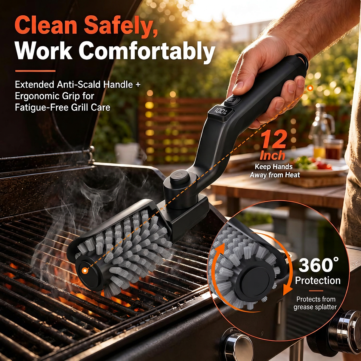 Electric Grill Cleaner 500 RPM Rechargeable BBQ Brush with Power Display - B2