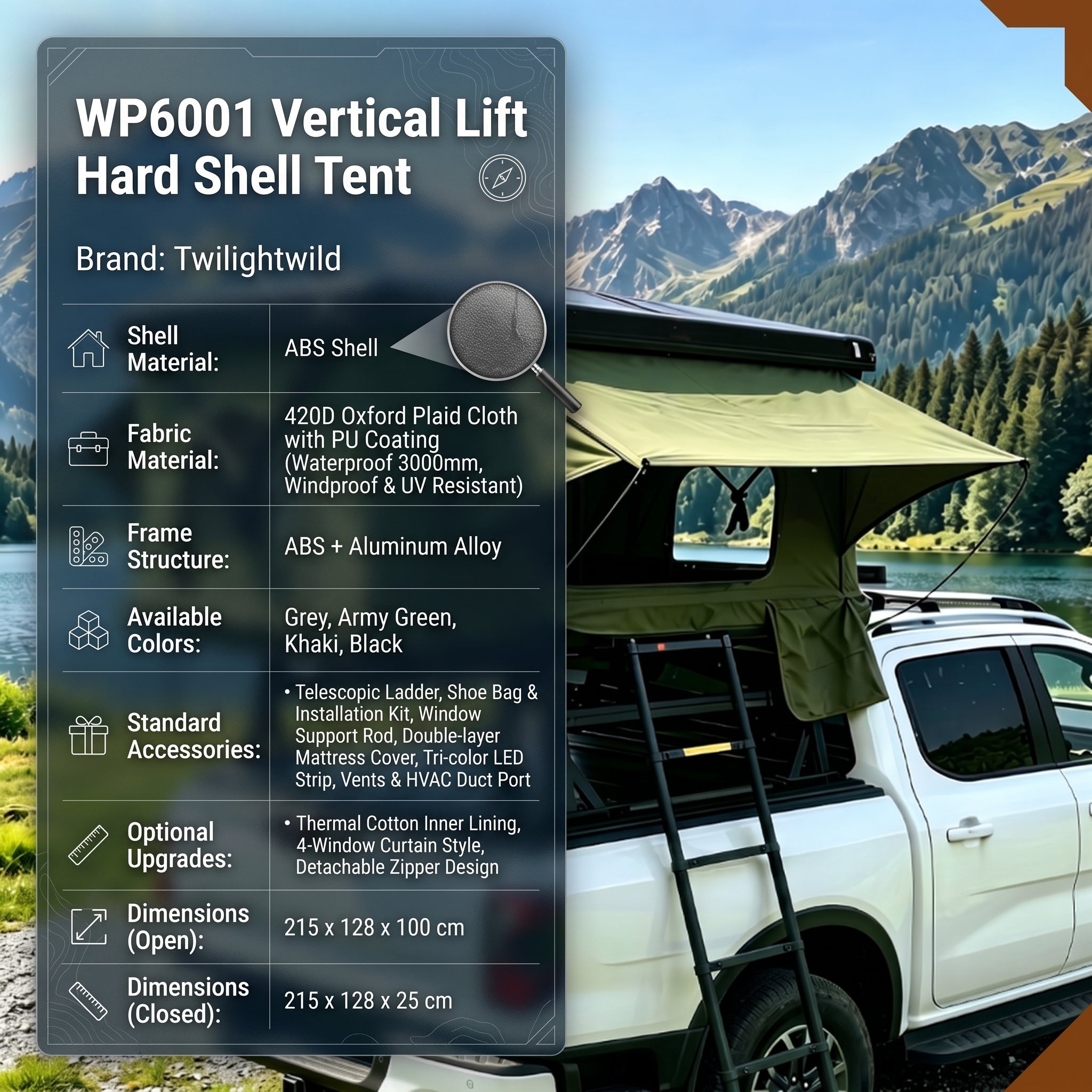 Quick Open Hardshell Roof Top Tent 3 Person Capacity for SUV Truck Jeep
