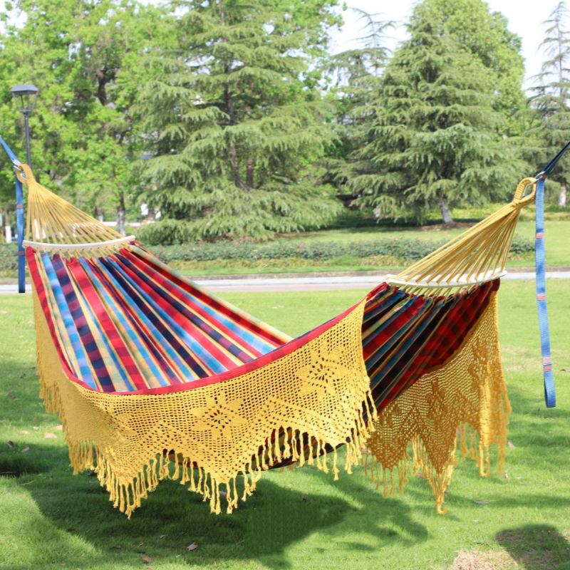 Boho Hand-Woven Fringe Hammock - Premium Cotton Canvas Brazilian Swing Chair with Tassels for Indoor & Outdoor Patio Garden