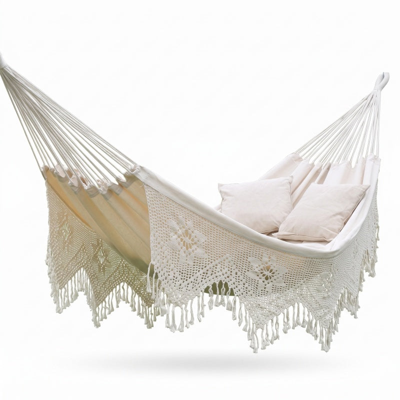 Boho Hand-Woven Fringe Hammock - Premium Cotton Canvas Brazilian Swing Chair with Tassels for Indoor & Outdoor Patio Garden