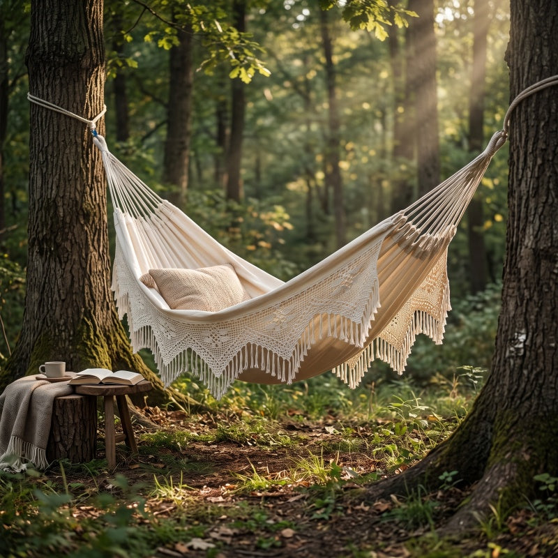 Boho Hand-Woven Fringe Hammock - Premium Cotton Canvas Brazilian Swing Chair with Tassels for Indoor & Outdoor Patio Garden