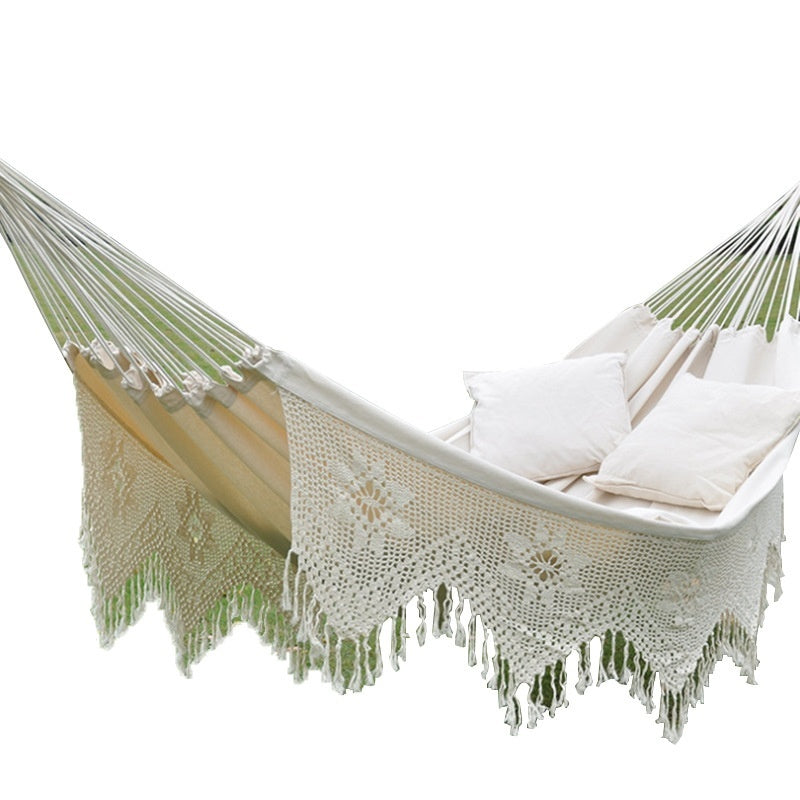 Boho Hand-Woven Fringe Hammock - Premium Cotton Canvas Brazilian Swing Chair with Tassels for Indoor & Outdoor Patio Garden