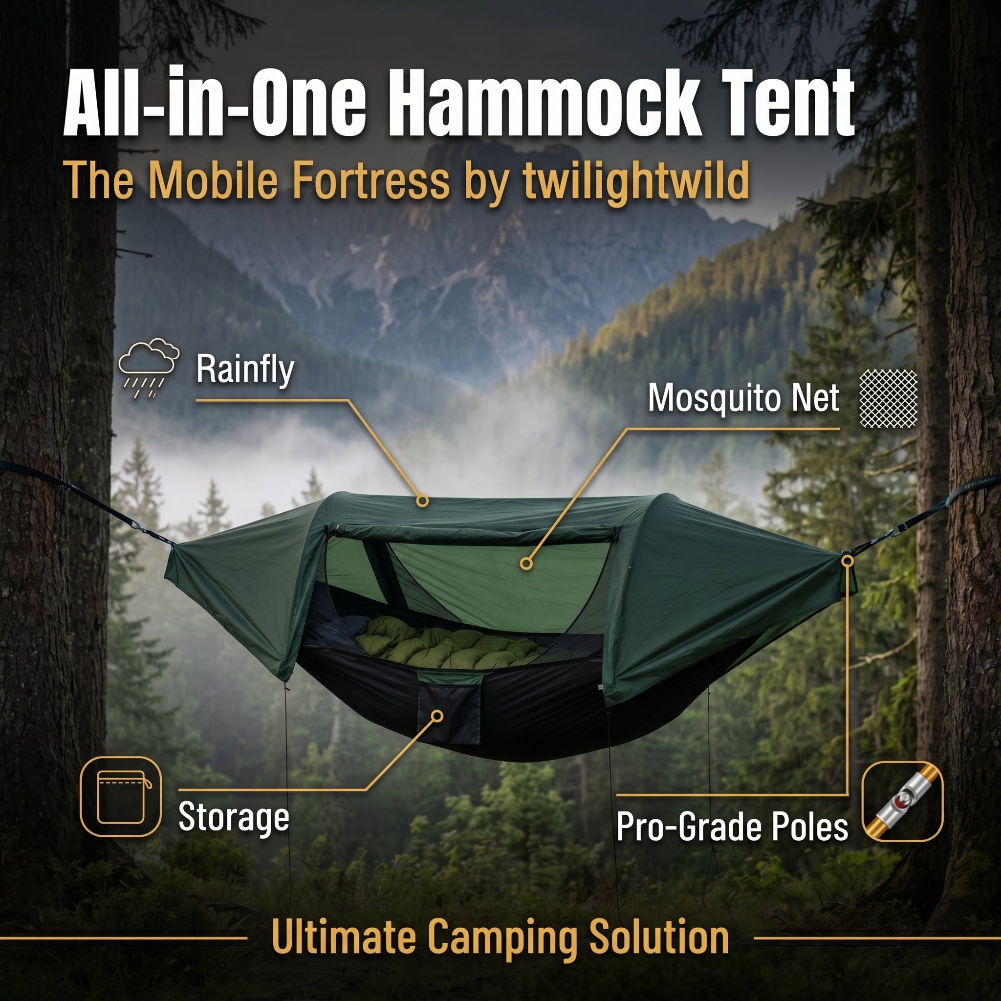 All-in-One Camping Hammock Tent with Rainfly & Mosquito Net