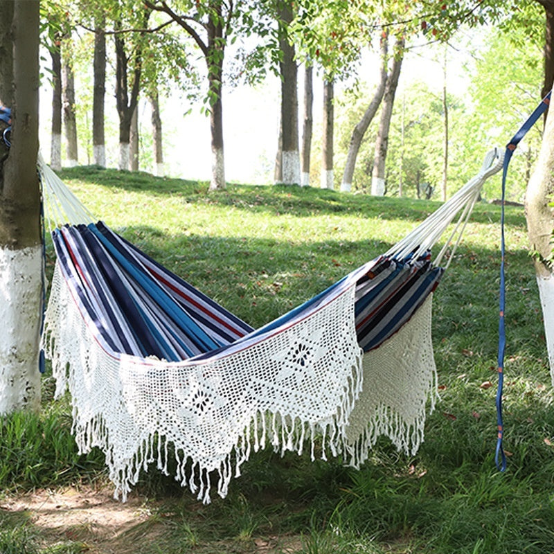 Boho Hand-Woven Fringe Hammock - Premium Cotton Canvas Brazilian Swing Chair with Tassels for Indoor & Outdoor Patio Garden